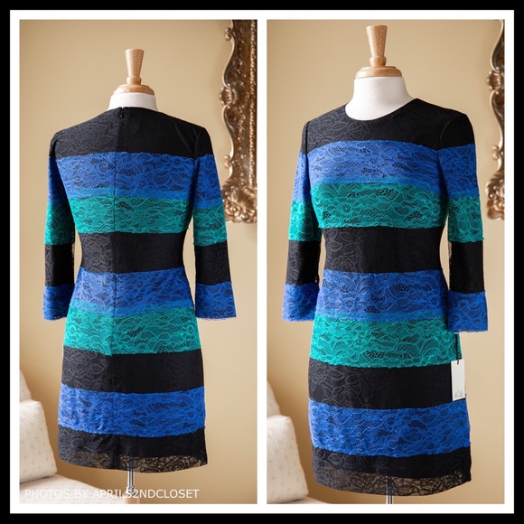 COCKTAIL MINI DRESS BLACK EMERALD GREEN COBALT BLUE LACE SHIFT KNIT DRESS A2C - Picture 2 of 8